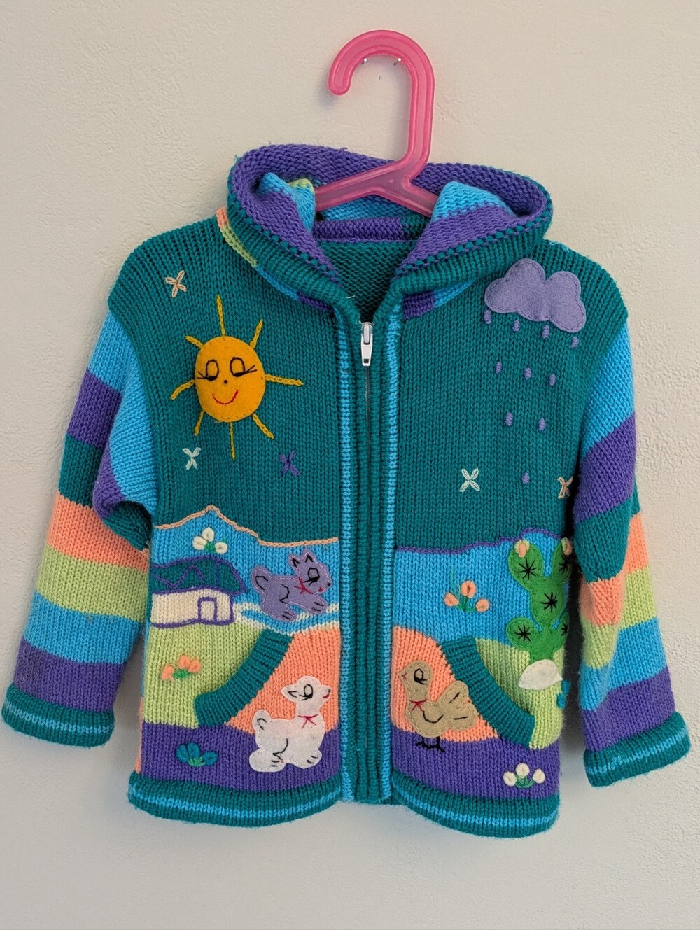 Colorful Kids' Hooded Hand Knit Alpaca Wool Zip Sweater with Playful Appliqués